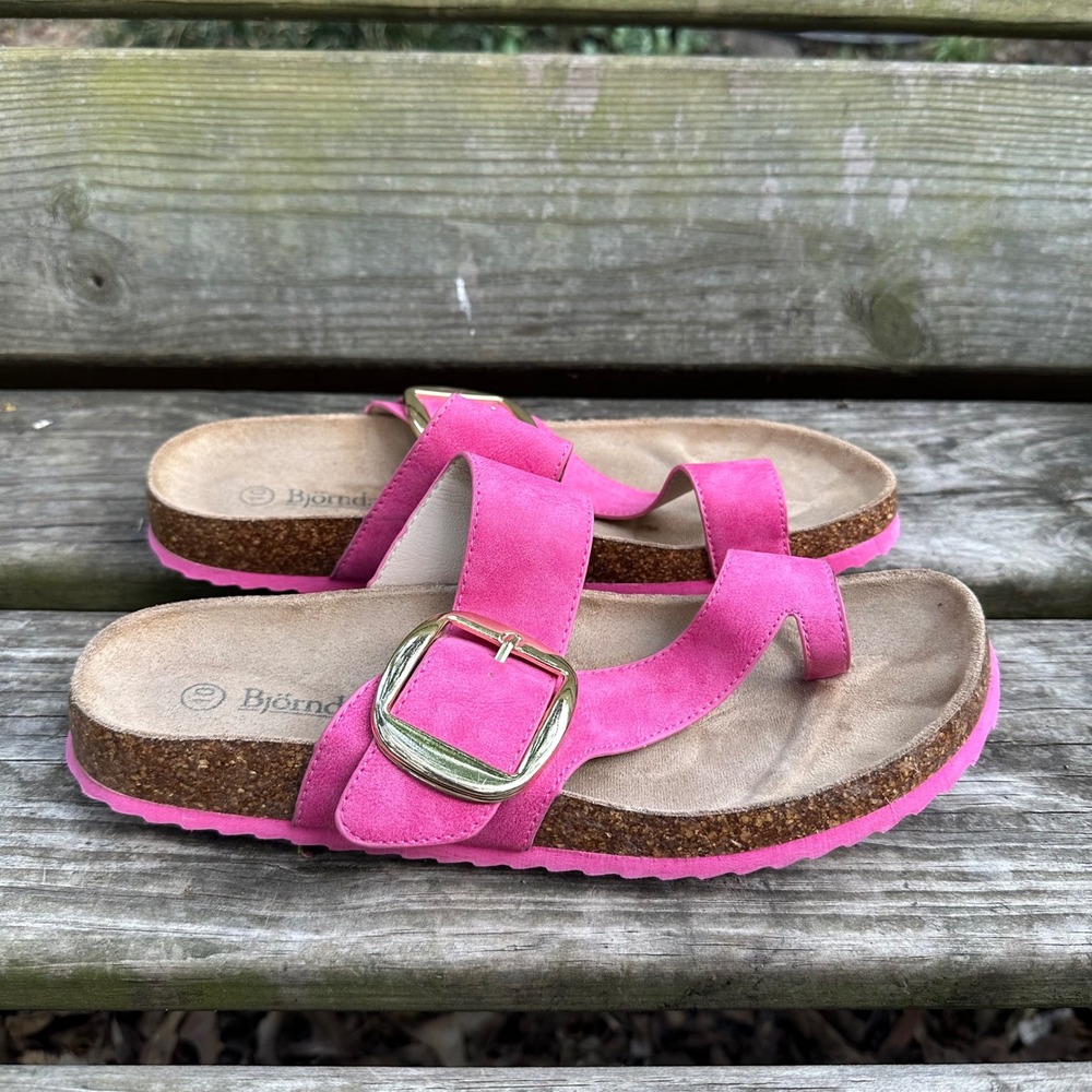 Bjorndal Hot Pink Toe Loop Cork Footbed Sandals Gold Buckle Size 10 Tomato Girl